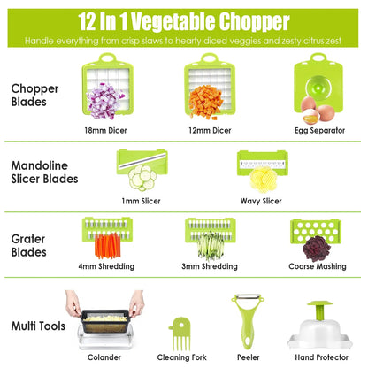 12 In 1 Vegetable Chopper With Container Kitchen Food Slicer Dicer Grater Peeler Egg Separator Hand Protector For Onion Salad Potato GPCT2055Pro